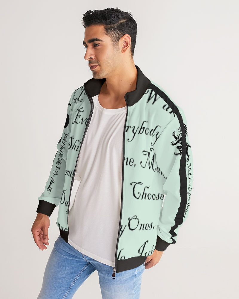 Light Mint Green Solid Men's Stripe-Sleeve Track Jacket